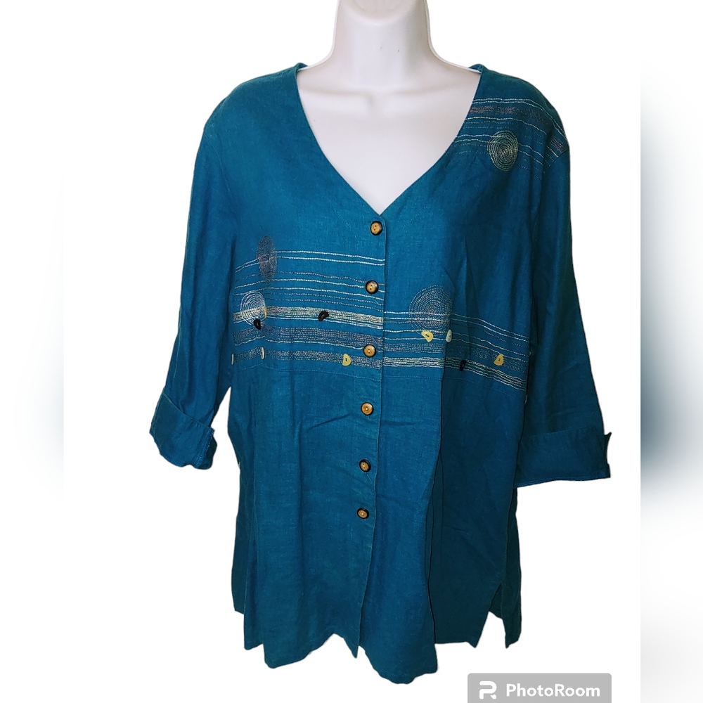 C.L.C. Teal Linen Button Blouse Size L